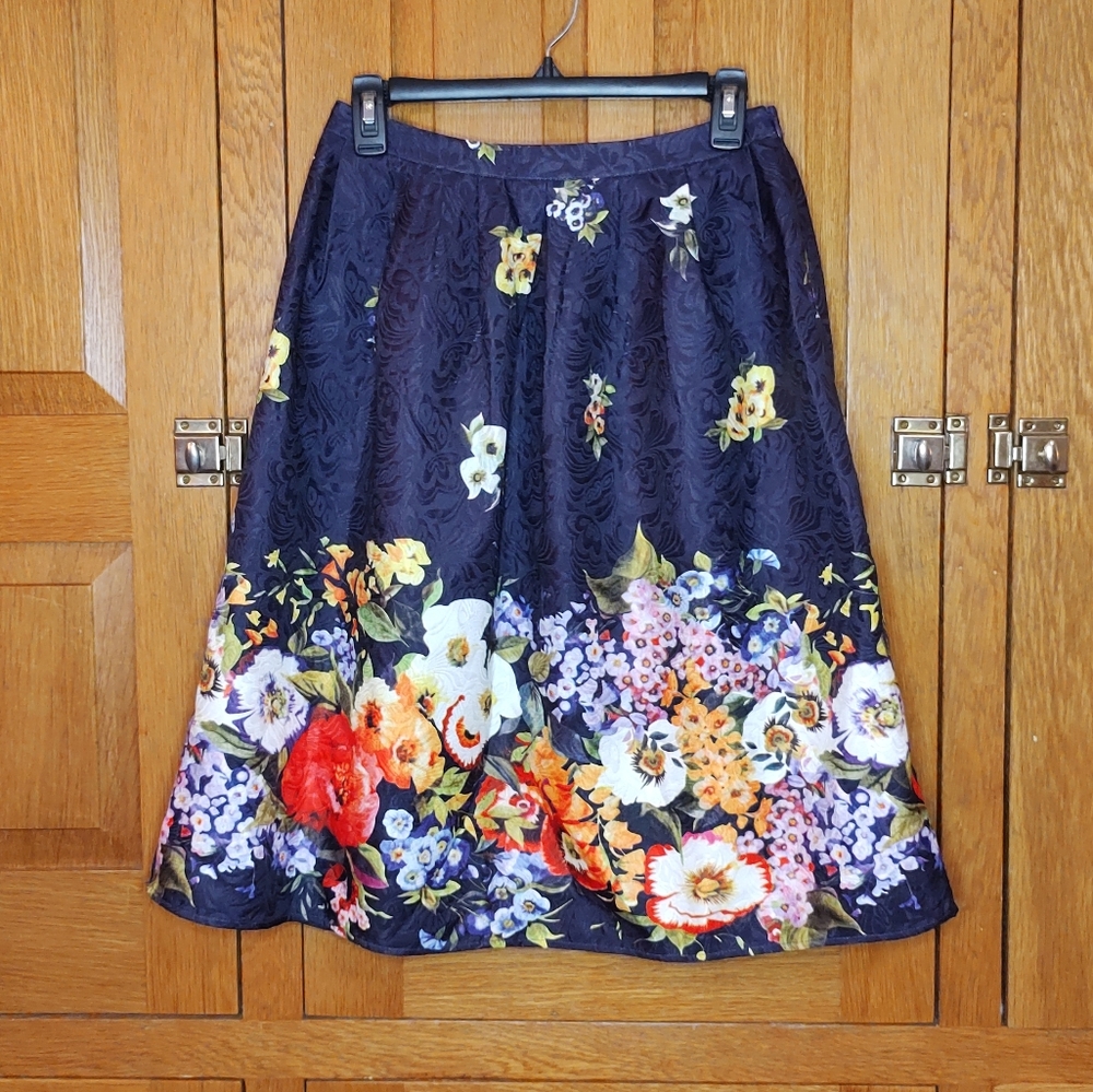 Humble Chic Collection navy floral jacquard midi skirt